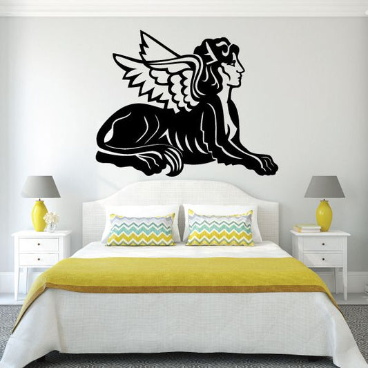 Winged sphinx wall decal, black profile with wings and decorative linework