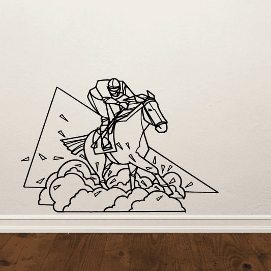 Racing horse and jockey decal with outlined horse, cards, and confetti lines