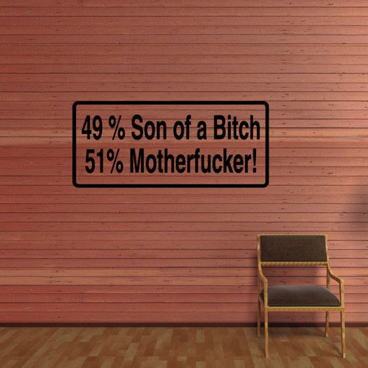 Vinyl decal with black border: “49% Son of a Bitch 51% Motherfucker!”