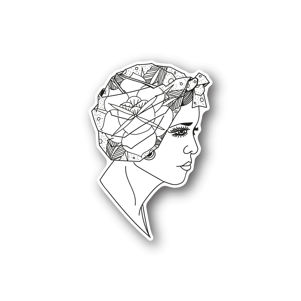 Vinyl fashion sticker with woman profile and abstract geometric line art