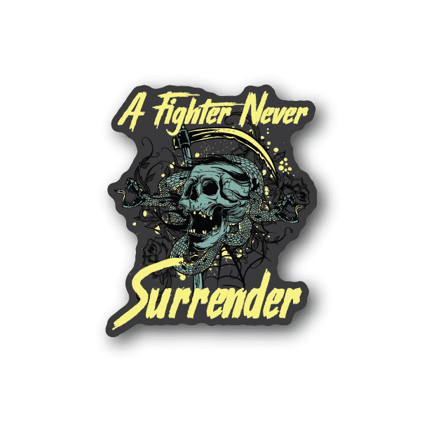 Vinyl skull sticker with teal skull, yellow slogan text, and dragon head graphic