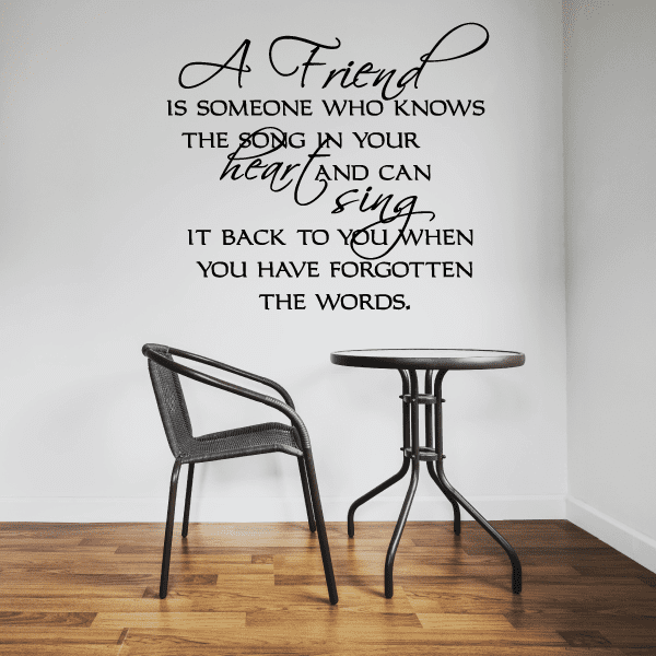 Wall decal quote in script and block lettering, black on light wall