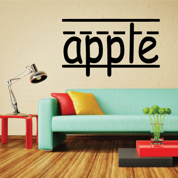 Apple word decal with outlined letters and drip accents on wall