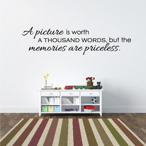 Quote wall decal with cursive text: A picture is worth a thousand words