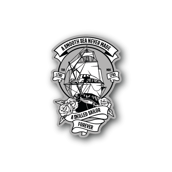 Vinyl sticker with white sailing ship, roses, and curved banner graphic
