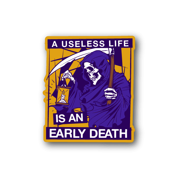 Rectangular grim reaper vinyl sticker with purple hooded figure and bold warning text