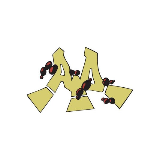 Graffiti sticker with light yellow letters and black with red dot accents