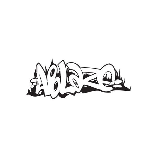 Black graffiti-style decal with outlined letters and character faces