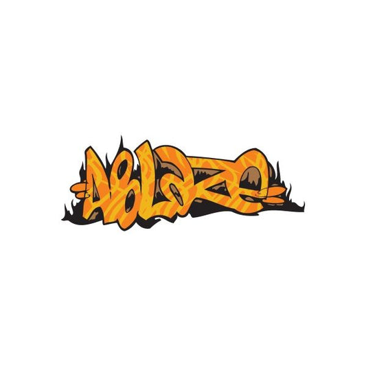 Graffiti sticker with orange and yellow flame letters and black outline