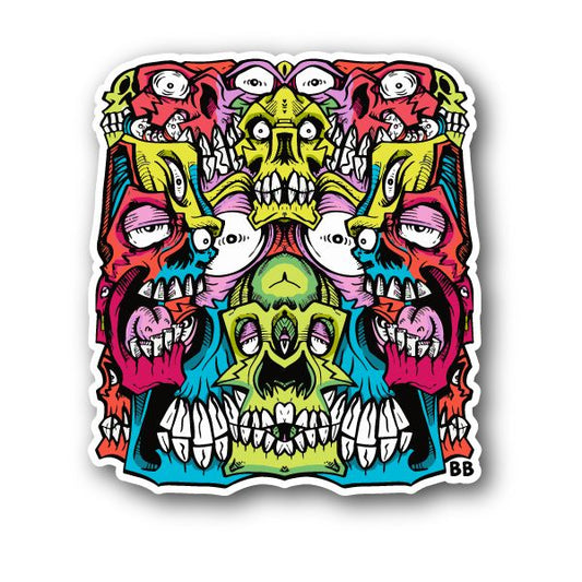 Colorful skulls with eyes and teeth vinyl sticker with bold graffiti-style art