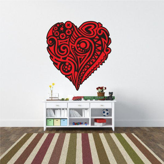 Abstract heart pattern sticker with red and black ornamental design