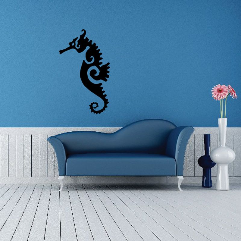 Abstract seahorse wall decal in dark blue and black