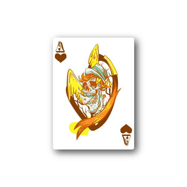 Vinyl sticker of flaming skull with playing card ace and spade hearts