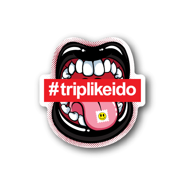 Vinyl sticker with cartoon mouth, teeth and red #triplikeido banner
