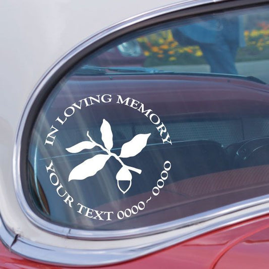 Memorial car window decal: acorn-branch icon and 'IN LOVING MEMORY'