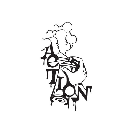 Graffiti decal with black illustrated street art character holding a spray can and drips