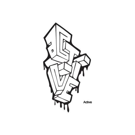 Graffiti decal with bold abstract tag design and black outline accents