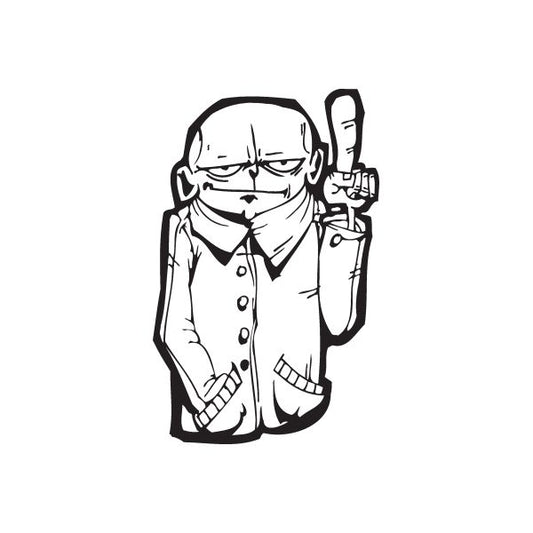 Graffiti-style character decal, black and white outline with hand gesture