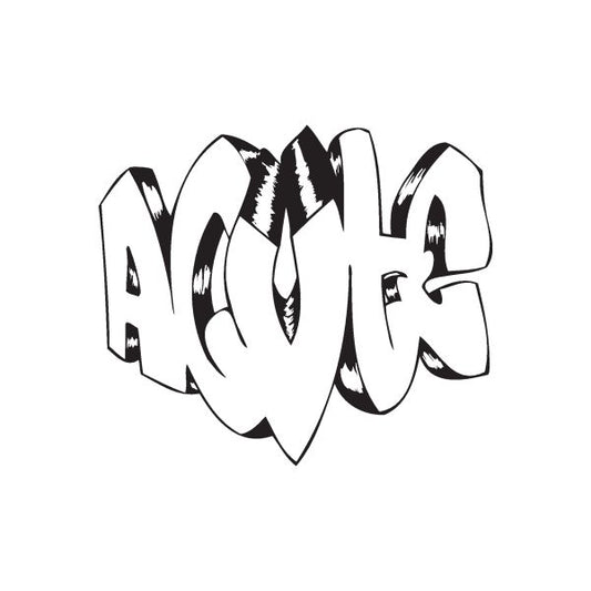 Graffiti decal with bold black-and-white tag lettering, die-cut