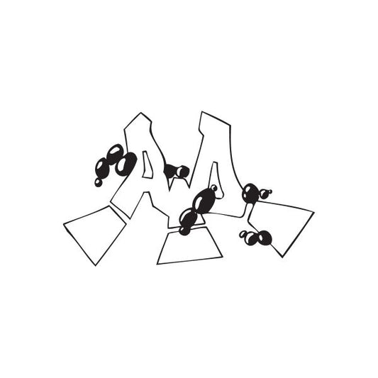 Graffiti decal with black stylized letters and round paint splatter accents