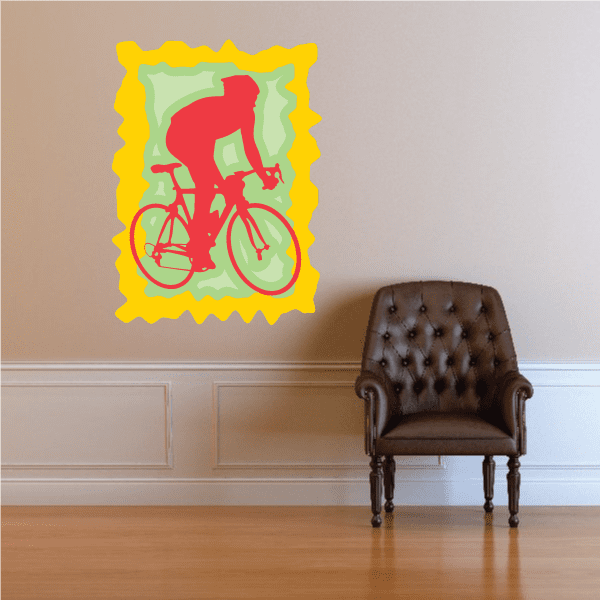 Cyclist sticker with yellow scalloped border, red rider on bicycle, green interior