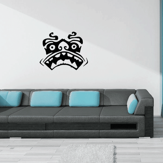 Black tiki face wall decal with tribal markings and fierce grin