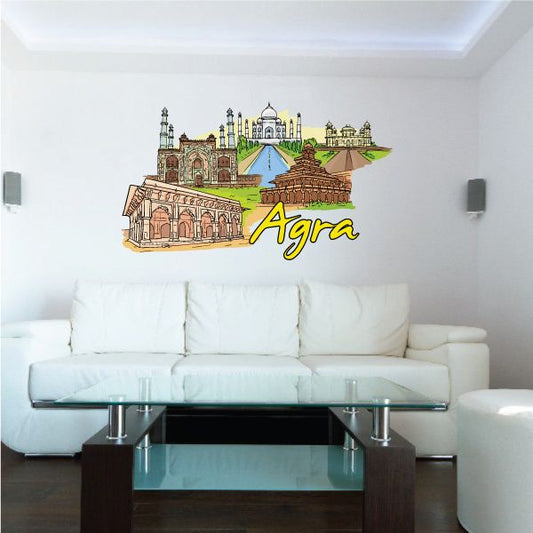 Agra sticker with Taj Mahal landmark illustration and yellow “Agra” lettering