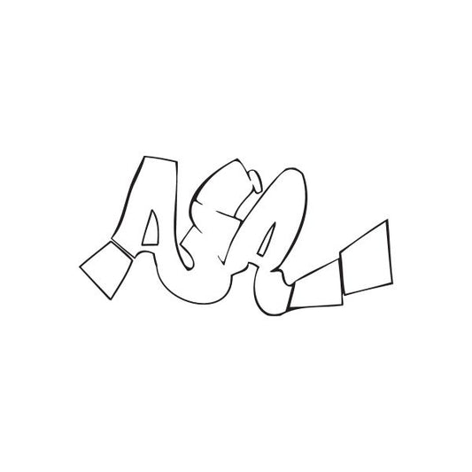 Air graffiti decal with outlined graffiti lettering and small geometric shapes