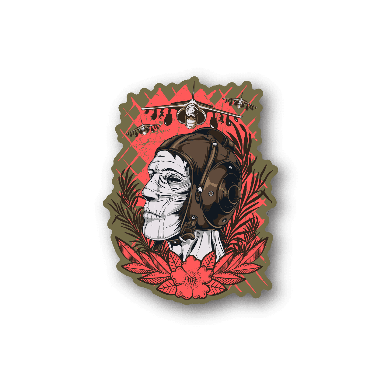 Pilot helmet vinyl sticker with red flames and skull-faced aviation graphic