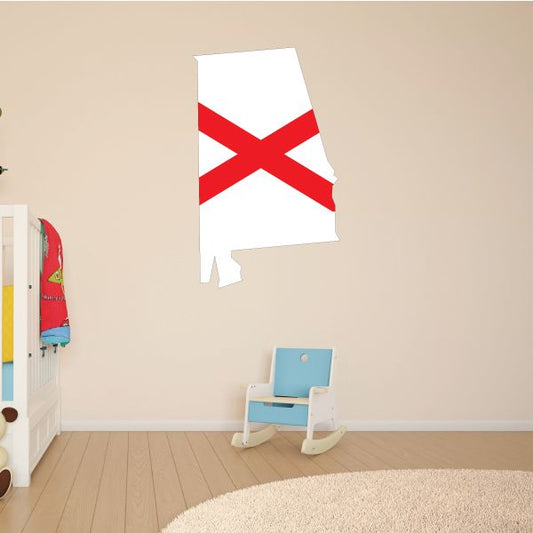 Alabama map-shape state flag sticker, white with red diagonal X and top stripe