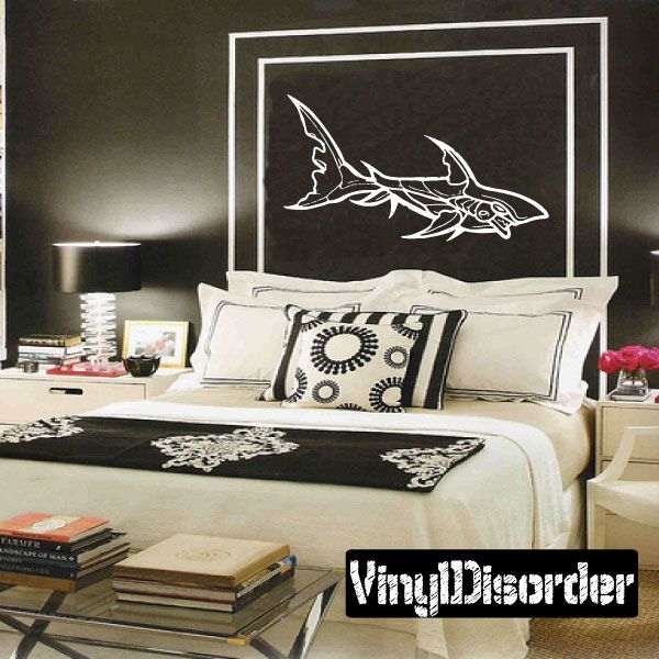 Shark wall decal with white line-art outline and double rectangular border.