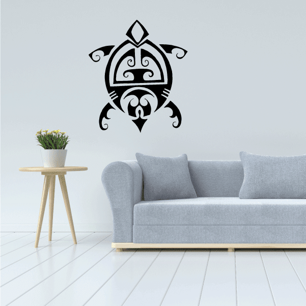 Tribal turtle wall decal, black ornate shell design with curling details