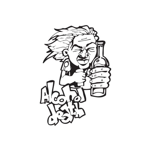 Alcohol death decal, black-and-white cartoon of person holding a bottle