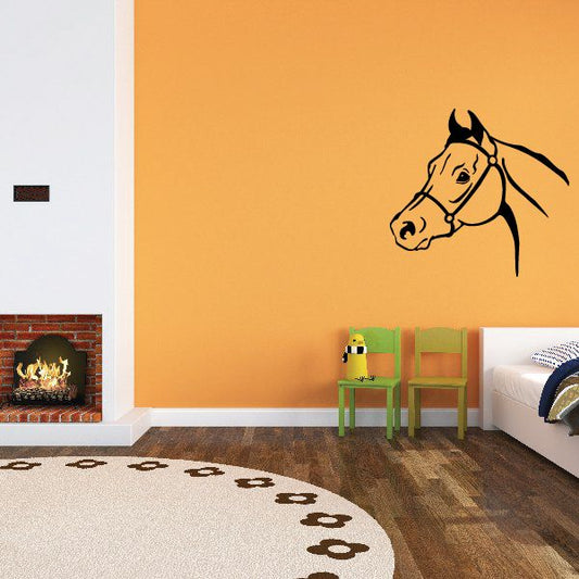 Staring horse head wall decal, black line art with alert mane and ears