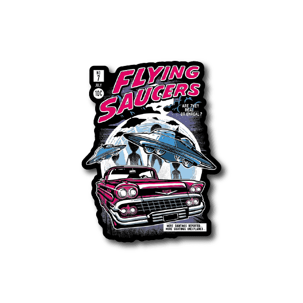 Alien invasion sticker with flying saucer and retro car, bold colorful graphic
