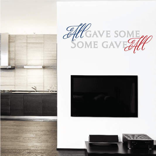 Printed die-cut wall decal with decorative script lettering in red and blue