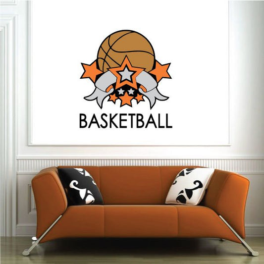 Basketball logo sticker with basketball graphic and stars, text BASKETBALL