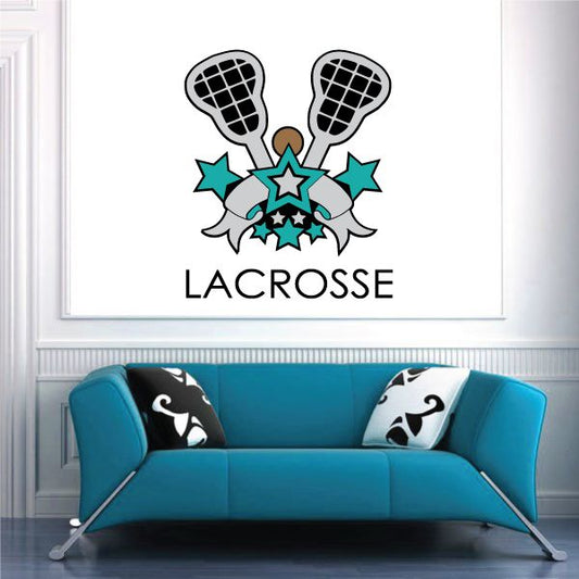 Lacrosse wall sticker with crossed sticks, teal stars, and LACROSSE lettering