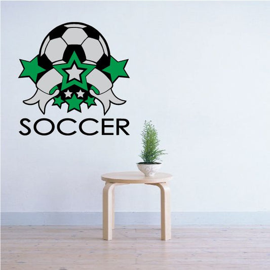 Allstar soccer sticker with black-and-white ball, green stars, and 'SOCCER' text