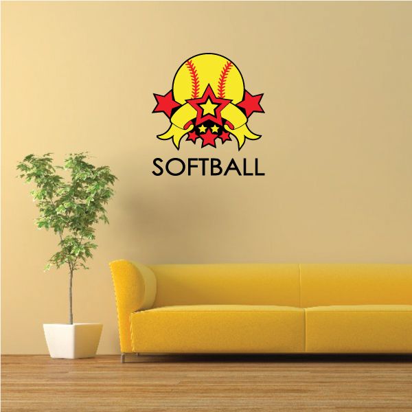 Softball sticker with yellow ball icon, red stars, and word 'SOFTBALL'