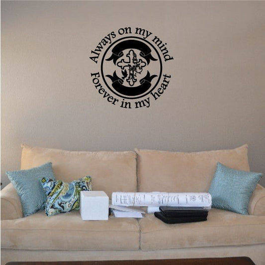 Heart-themed wall decal with circular emblem and curved quote text