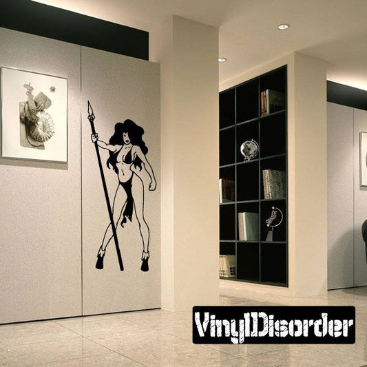 Amazon woman with spear wall decal, black outline