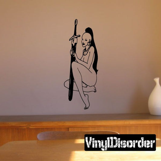 Amazon woman with sword wall decal, black outline style