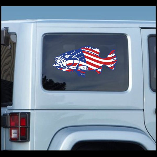 America flag bass sticker with U.S. flag fish graphic on vehicle window