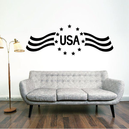 USA flag wall decal with stars and black-and-white waving stripes