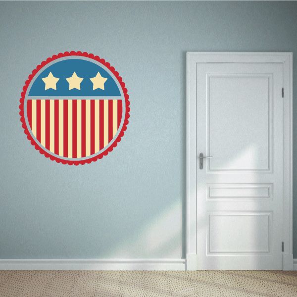 Retro circular America flag decal with blue field, white stars, and red-white stripes