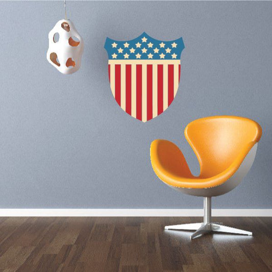 America flag shield sticker with blue star panel and red-and-white vertical stripes