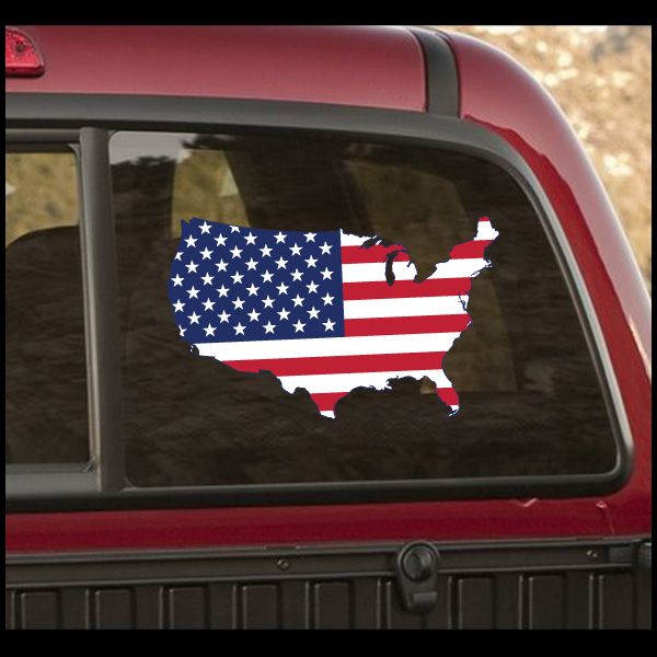 U.S. flag shaped sticker with stars and stripes in the outline of the United States