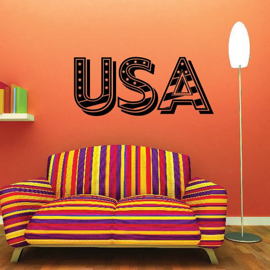 USA wall decal with star and stripe lettering in red, white, and blue