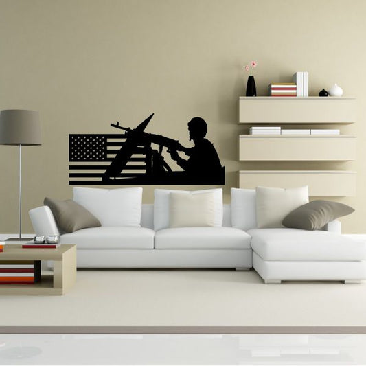 Image of America Flag with Machine Gun Soldier Decal